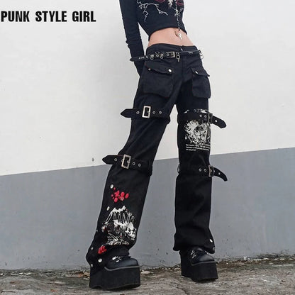 Gothic Emo Alt Cargo Pants Techwear Hippie Baggy Jeans Mom Goth Punk Black Denim Trousers Cyber Y2K Pants Academic Dark Clothes