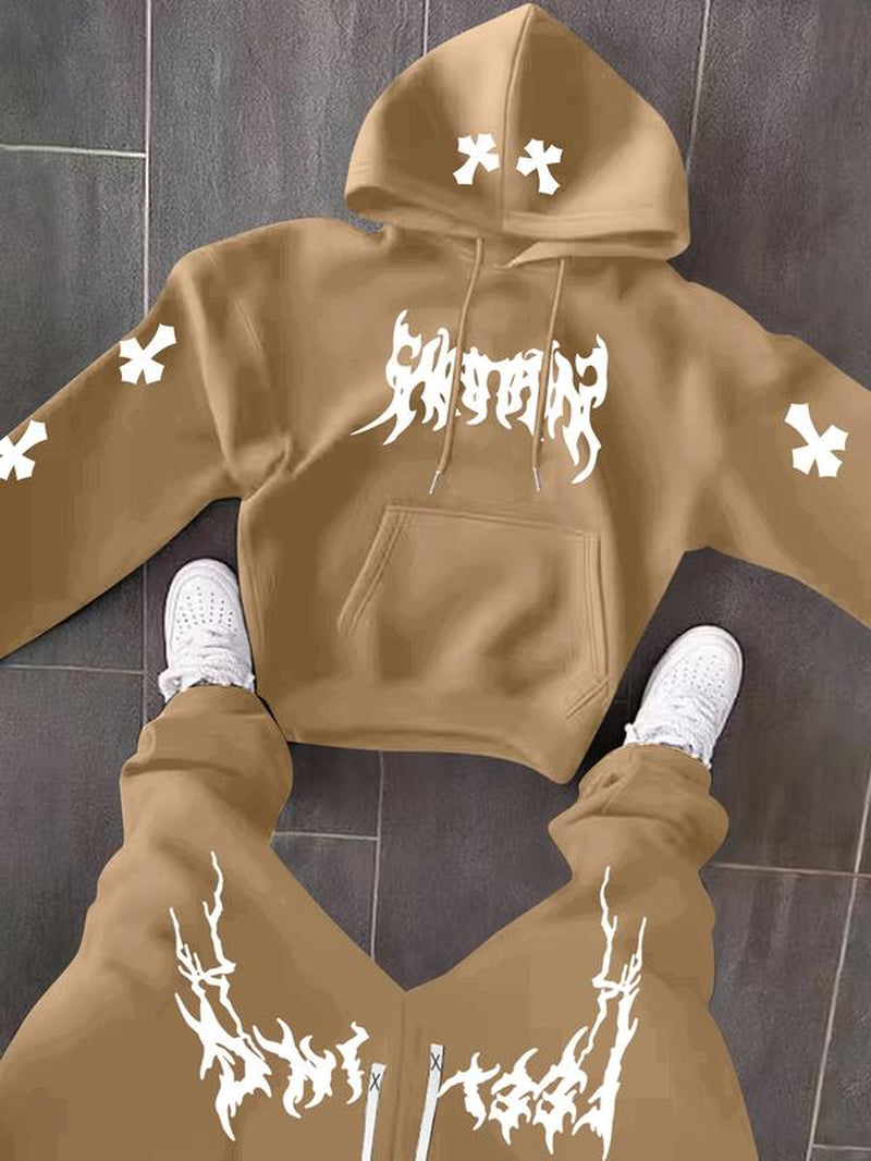 Men’s Black Hoodie & Pants Set – American Streetwear with Lightning Cross Print | Casual 2-Piece Tracksuit