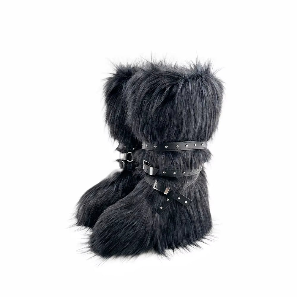 Luxury Faux Fur Knee-High Boots – Belt Buckle, Slip-On Winter Warm Fashion