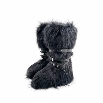 Luxury Faux Fur Knee-High Boots – Belt Buckle, Slip-On Winter Warm Fashion