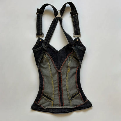 🖤 Y2K Denim Corset & Pleated Skirt Set — Dark Streetwear Elegance ✨