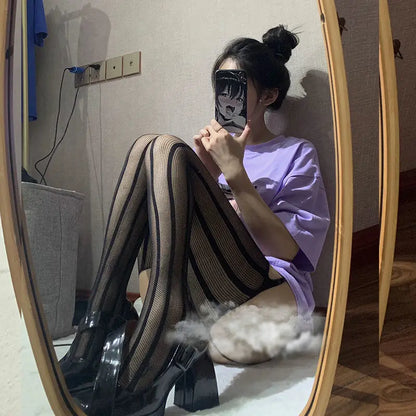 Gothic Dark Long Sexy Fishnet Stockings Women Harajuku Emo Alternative Mesh Tights Lingerie Skin Thigh High Garters Hosiery