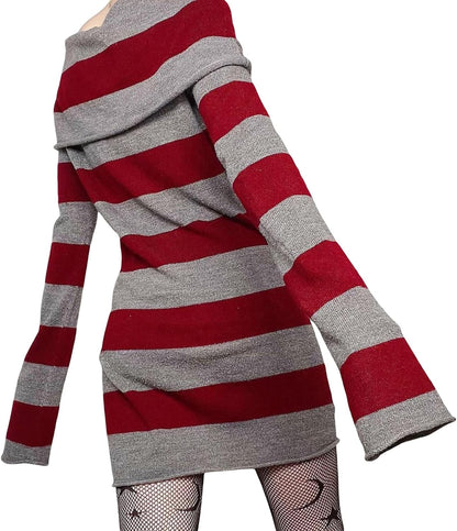🖤 Y2K Striped Off-Shoulder Sweater Dress — Grunge & Emo Vibes 🔥