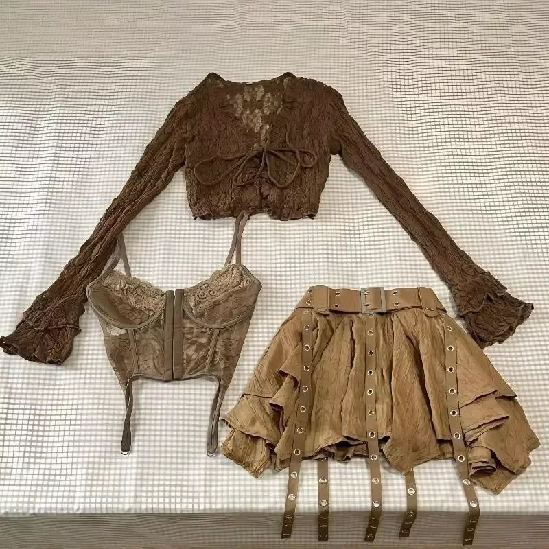 Y2K Lace Three-Piece Set — Maillard Brown Streetwear Elegance🔥