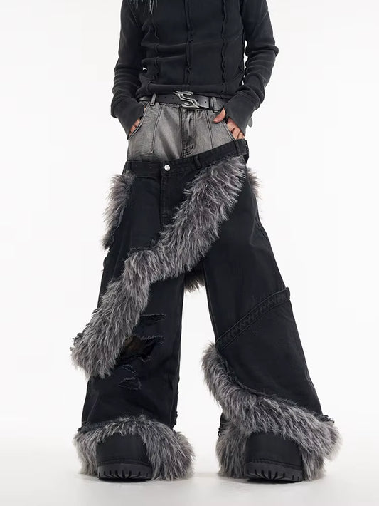 High End Denim Jeans Men in Winter Fake Two Piece Double Waisted Fur Patchwork Ripped Floor Denim Streetwear Pants