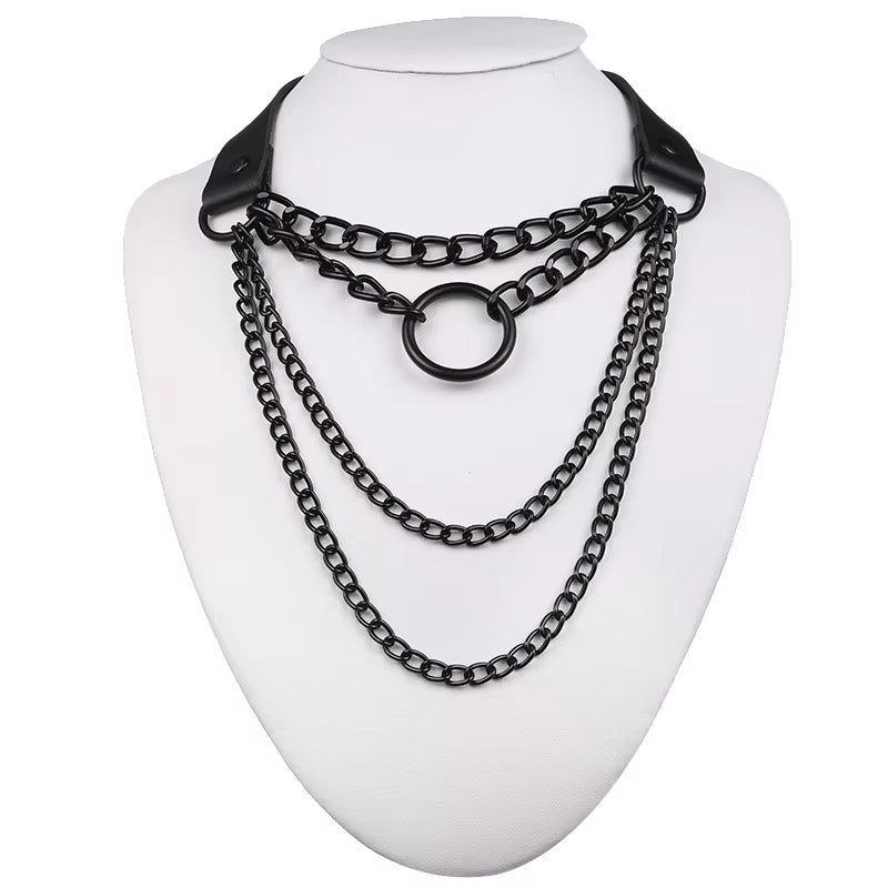 Layered Chain Necklace Punk Choker Collar Goth Pendant Necklace Women Black Leather Emo Gothic Jewelry
