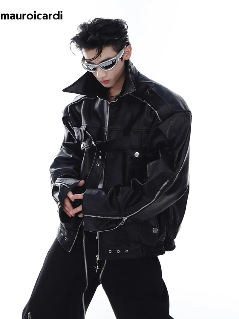 Spring Autumn Cool Stylish Oversized White Black Faux Leather Jacket Men Zip up Luxury Designer Emo Clothes 2023