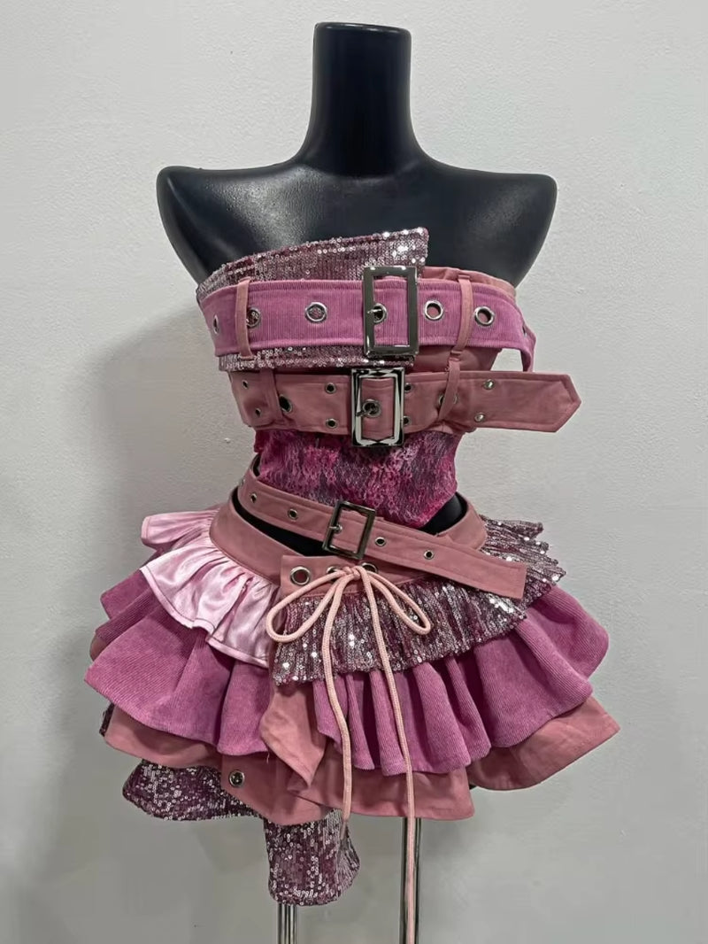 💗2000s Punk Revival Set – Strapless Top & Layered Skirt💗