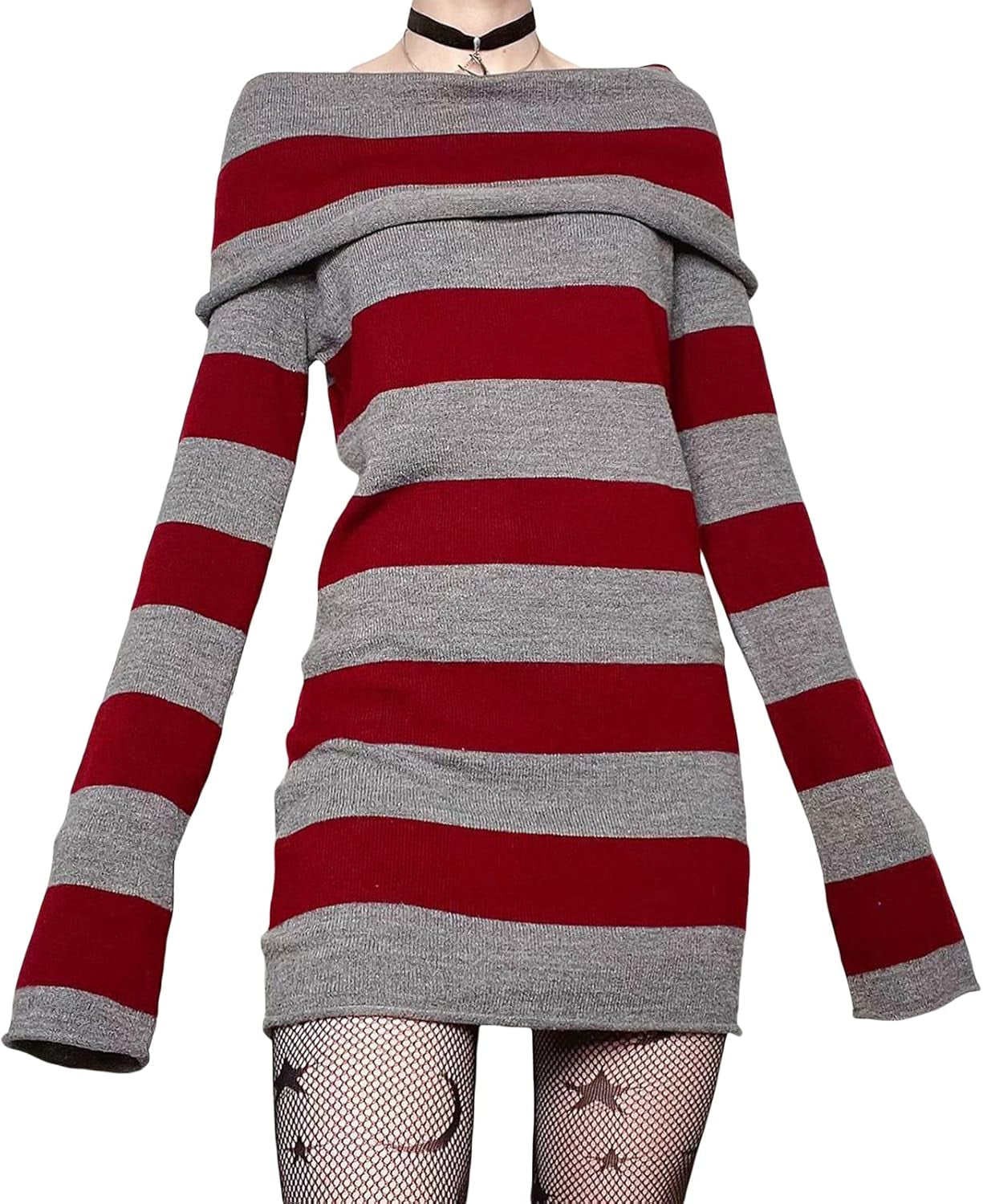 🖤 Y2K Striped Off-Shoulder Sweater Dress — Grunge & Emo Vibes 🔥