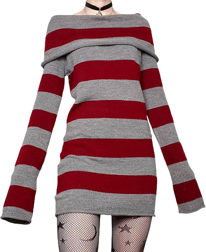 🖤 Y2K Striped Off-Shoulder Sweater Dress — Grunge & Emo Vibes 🔥