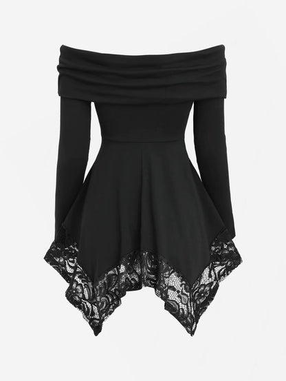 🖤 Dark Elegance Off-Shoulder Corset Top — Gothic Lace & Belted Style ✨