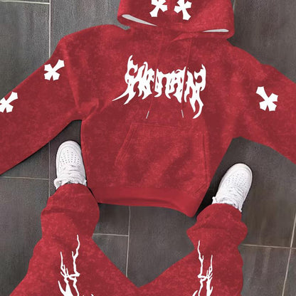 Men’s Black Hoodie & Pants Set – American Streetwear with Lightning Cross Print | Casual 2-Piece Tracksuit