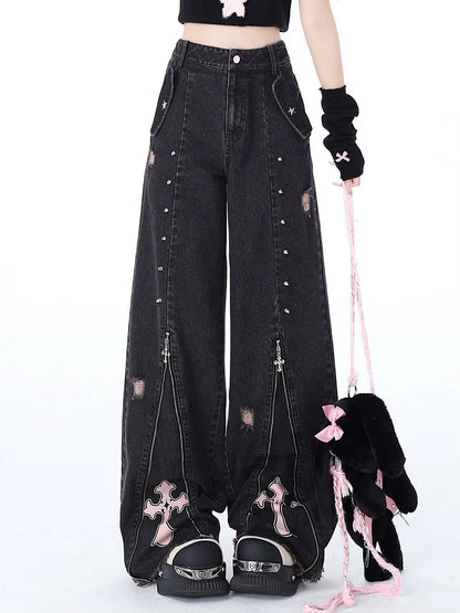 Gothic Heavy Industrial Straight Leg Jeans Distressed Cotton Denim Punk Sweet Cool Style Harajuku Subculture Grunge Streetwear