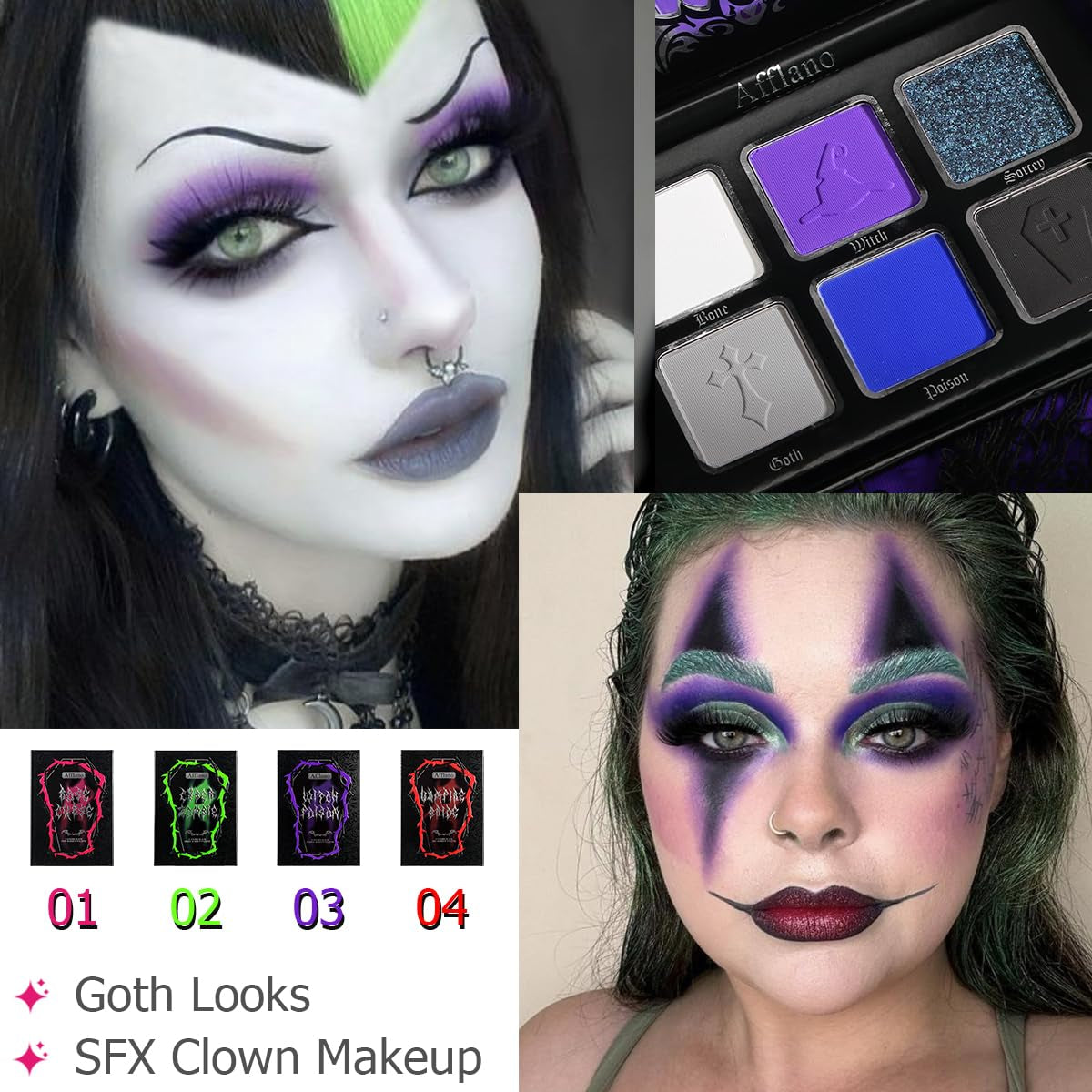 Goth Eyeshadow Palette Purple Blue, Multichrome Chrome Blue Purple Matte Black White Grey Dark Eye Shade, Gothic Halloween Makeup Eye Shadow Pallet for Joker Clown Cosplay SFX Makeup Costume
