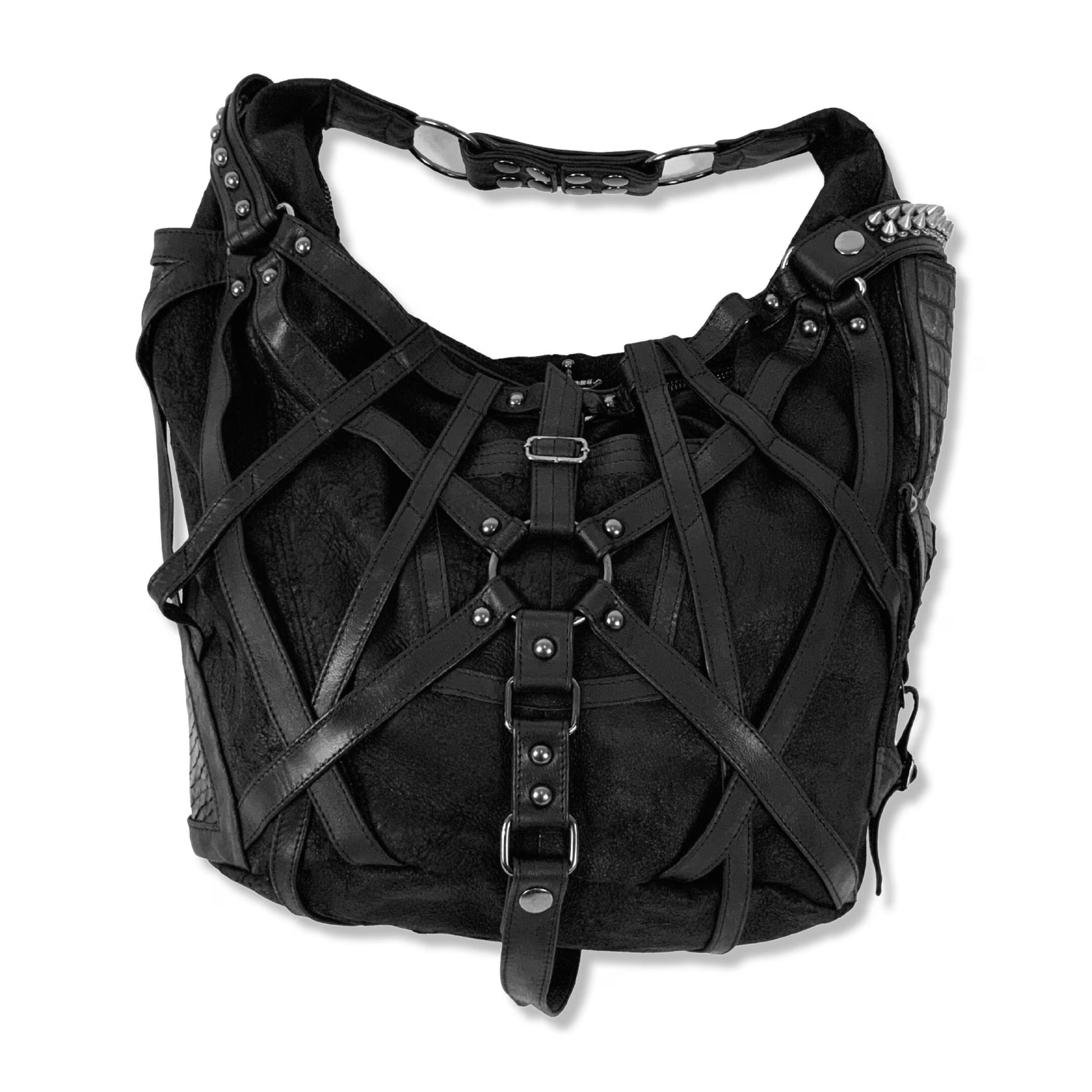 RAGE CAGE Luxe Black Leather Hobo Bag with Unique Cage Strap Design and Versatile Pockets