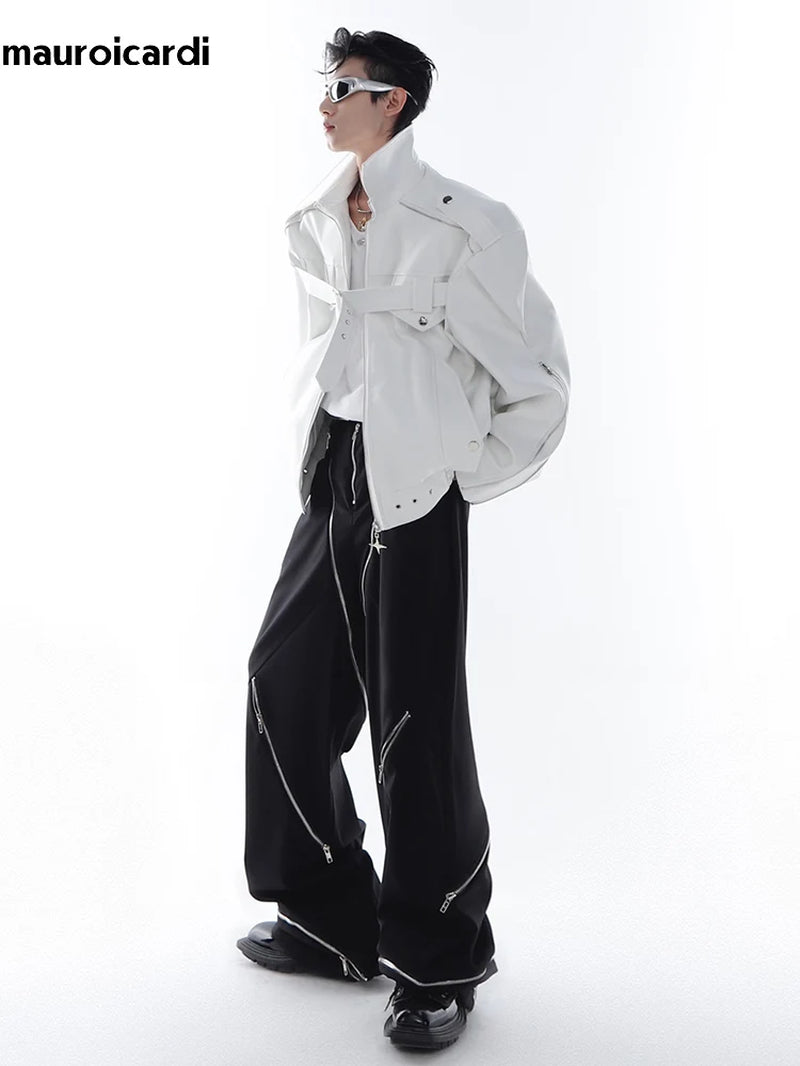 Spring Autumn Cool Stylish Oversized White Black Faux Leather Jacket Men Zip up Luxury Designer Emo Clothes 2023