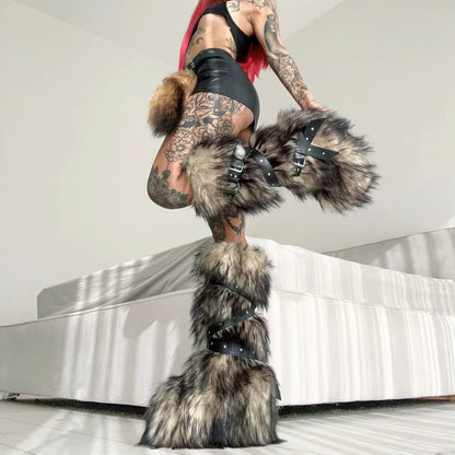 Luxury Faux Fur Knee-High Boots – Belt Buckle, Slip-On Winter Warm Fashion