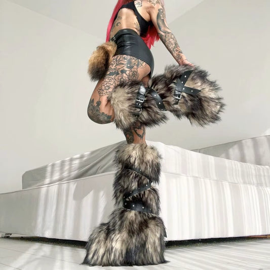 Luxury Faux Fur Knee-High Boots – Belt Buckle, Slip-On Winter Warm Fashion