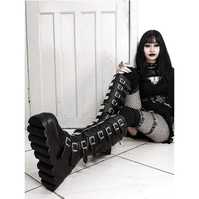 “Gothic Combat Boots 🖤 Chunky Platform Punk Heels for Women”