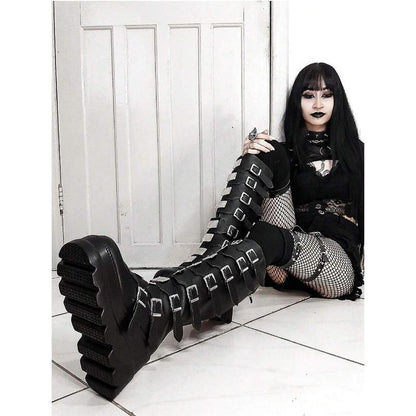“Gothic Combat Boots 🖤 Chunky Platform Punk Heels for Women”