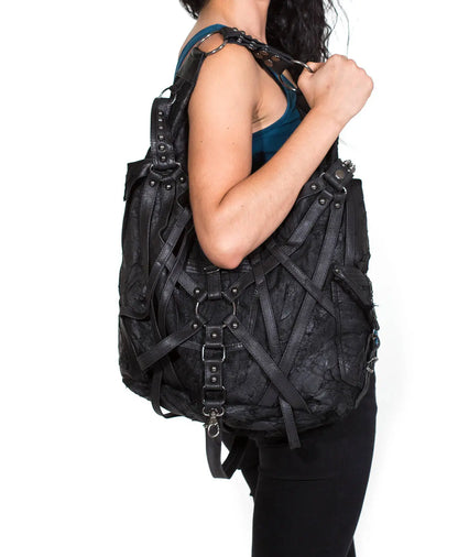 RAGE CAGE Luxe Black Leather Hobo Bag with Unique Cage Strap Design and Versatile Pockets
