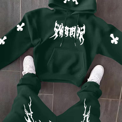 Men’s Black Hoodie & Pants Set – American Streetwear with Lightning Cross Print | Casual 2-Piece Tracksuit