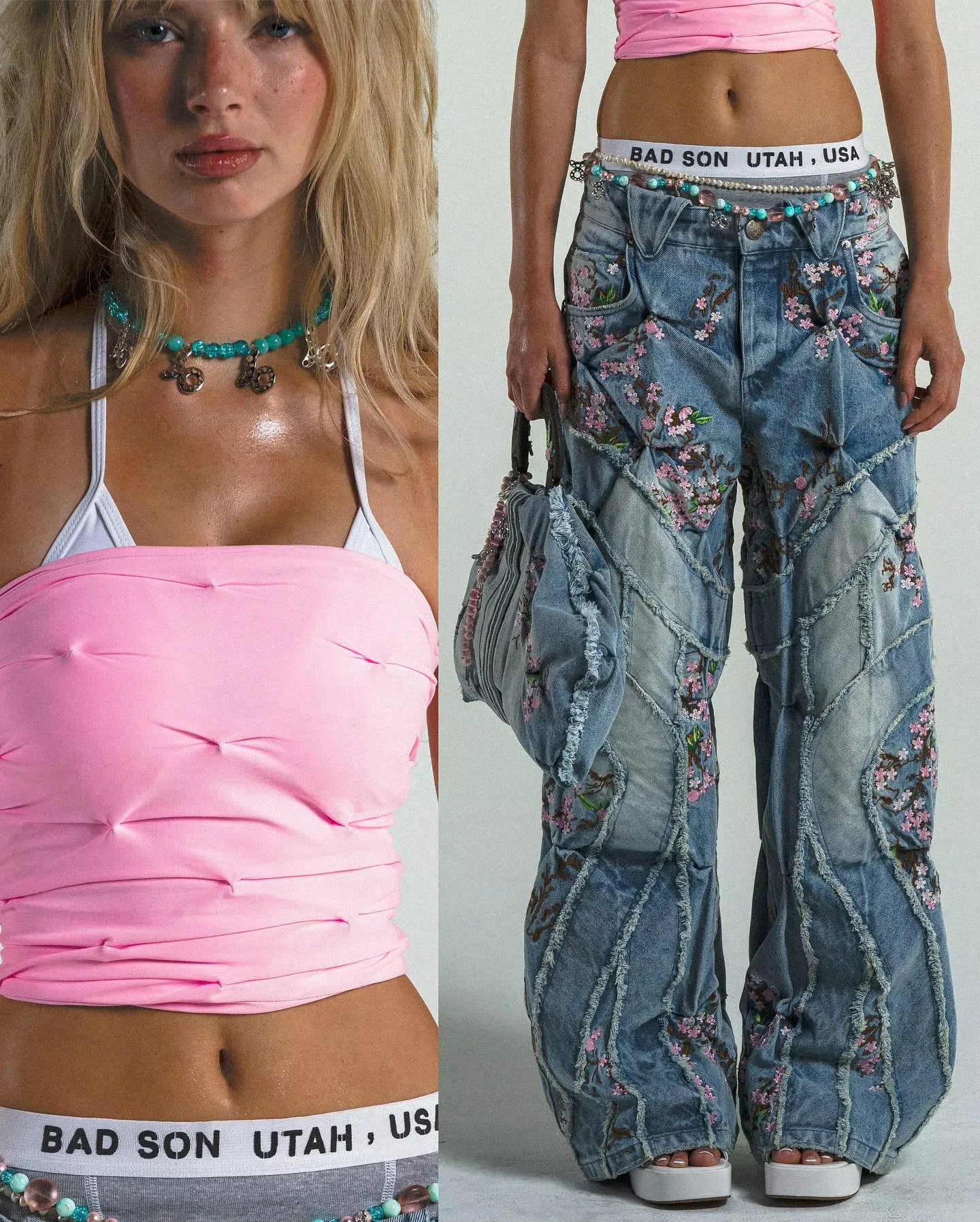 🌸 Harajuku Sakura Embroidered Wide-Leg Denim Pants | Vintage Cherry Blossom Streetwear for Men & Women