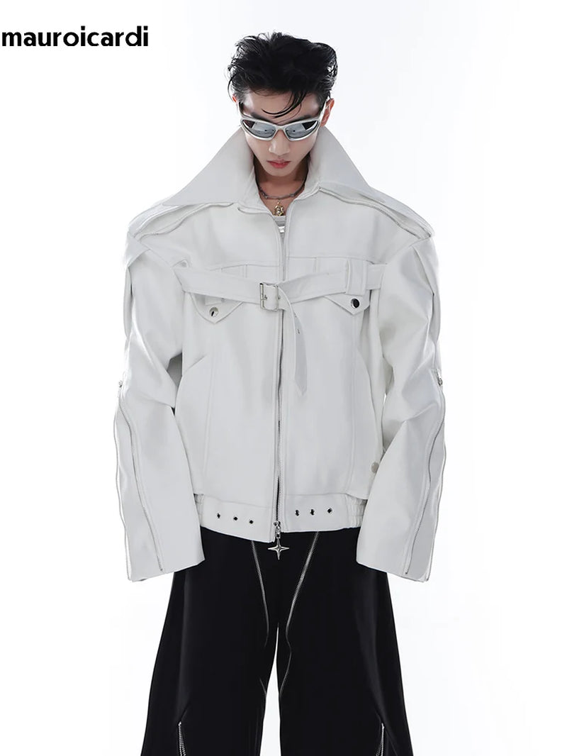 Spring Autumn Cool Stylish Oversized White Black Faux Leather Jacket Men Zip up Luxury Designer Emo Clothes 2023