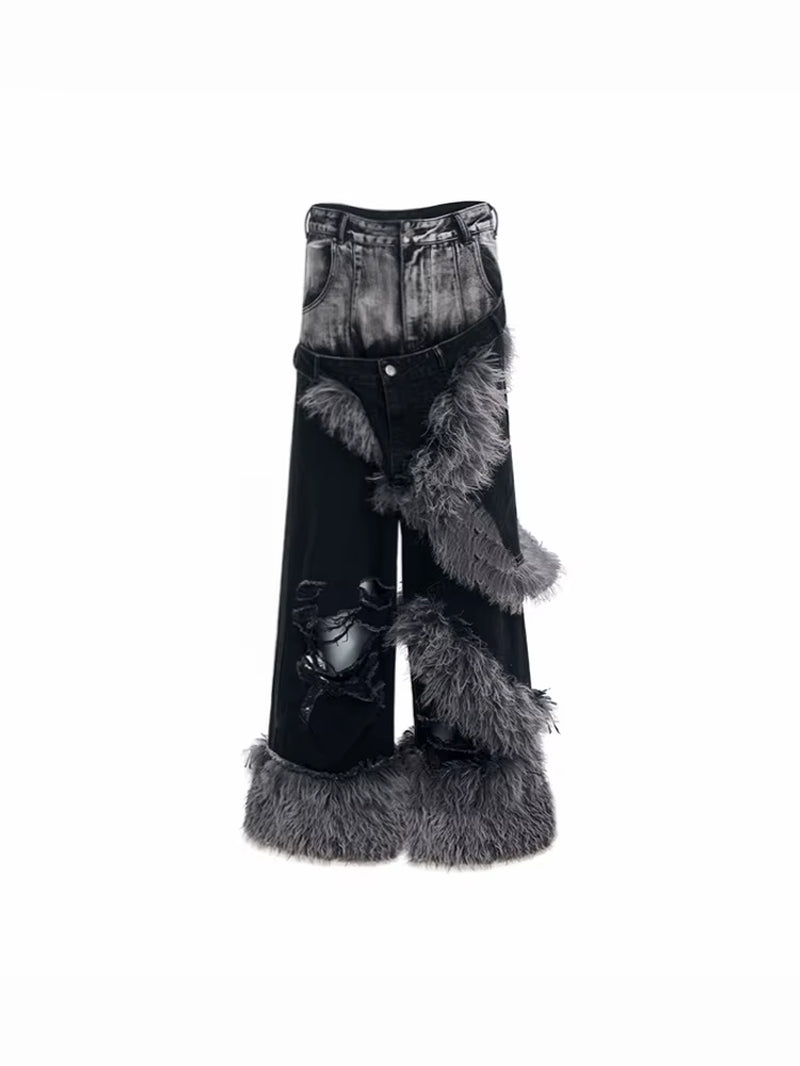 High End Denim Jeans Men in Winter Fake Two Piece Double Waisted Fur Patchwork Ripped Floor Denim Streetwear Pants