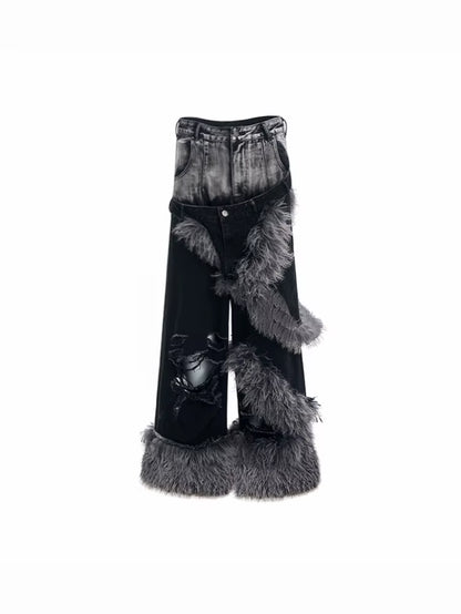 High End Denim Jeans Men in Winter Fake Two Piece Double Waisted Fur Patchwork Ripped Floor Denim Streetwear Pants