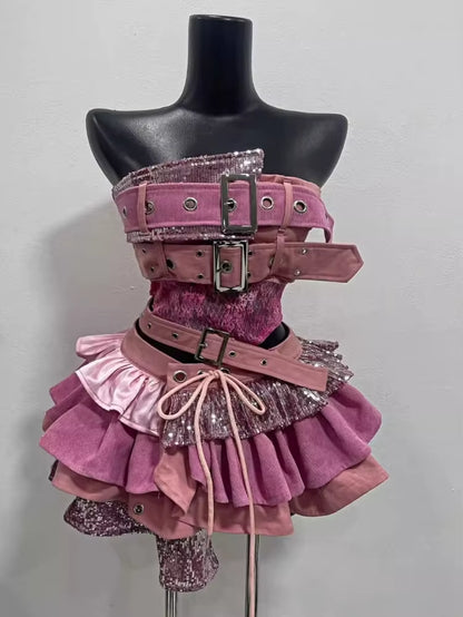 💗2000s Punk Revival Set – Strapless Top & Layered Skirt💗