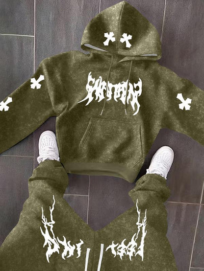 Men’s Black Hoodie & Pants Set – American Streetwear with Lightning Cross Print | Casual 2-Piece Tracksuit