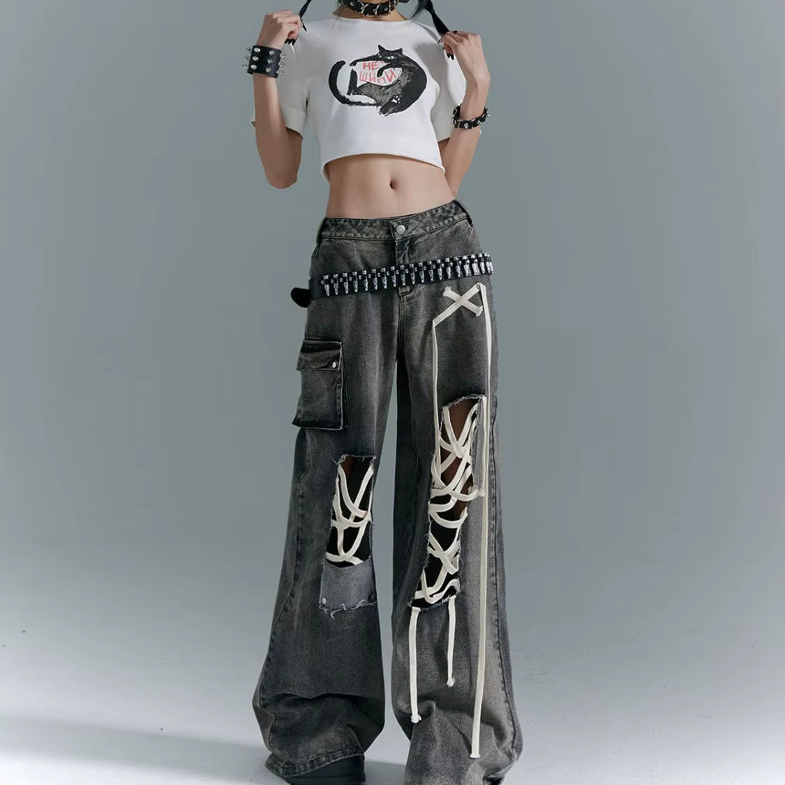 Women’s Lace-Up Ripped Denim Pants – Punk Retro Style