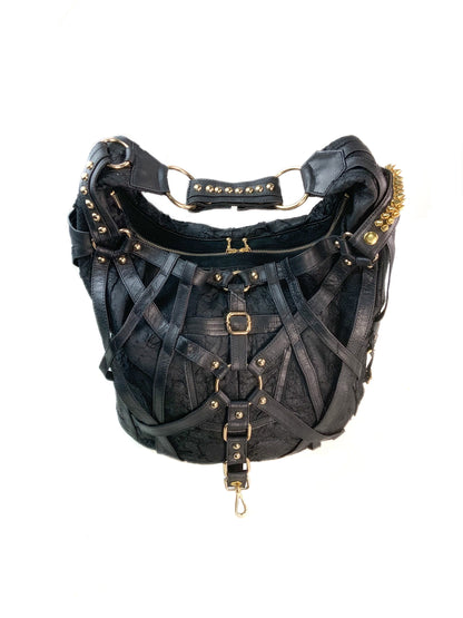 RAGE CAGE Luxe Black Leather Hobo Bag with Unique Cage Strap Design and Versatile Pockets