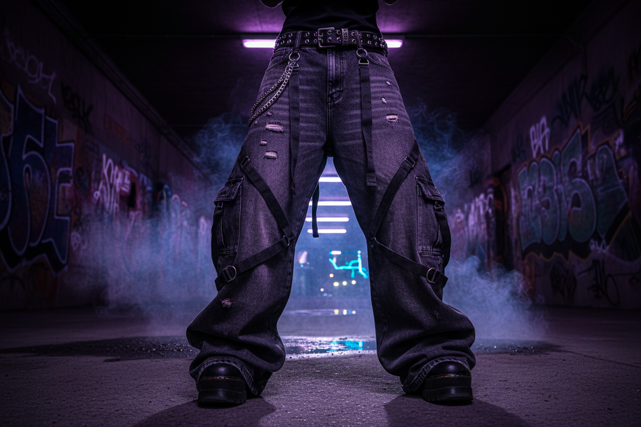 Vintage Denim Cargo Pants - Wide Leg with Strap