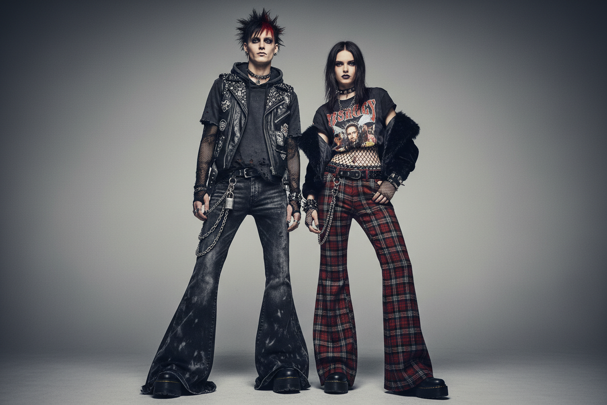 y2k y emo hombre y mujer pantalones ancho de abajo una sola y magen